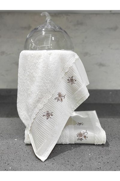 Sevim 100% Cotton Kitchen Towel - Embroidered Towel Set - Set of 2 Lacy Towels - 40X60 cm - Ecru