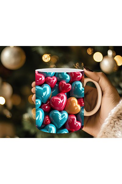 Evion 3D Design Porcelain Mug with Heart - Gift Mug - Printed Mug