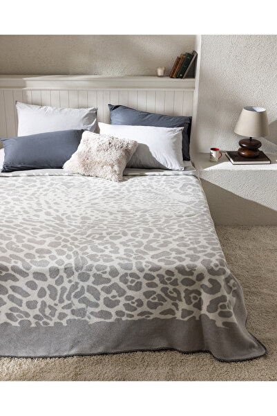 Madame Coco Leopard Çift Kişilik Pamuklu Jakar Battaniye - Gri