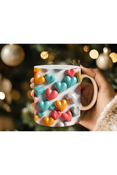Evion 3D Design Porcelain Mug with Heart - Gift Mug - Printed Mug