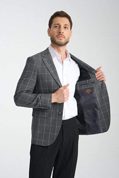 Frappoli Girado Erkek Gri Ekose Slim Fit Mono Yaka Spor Blazer Ceket