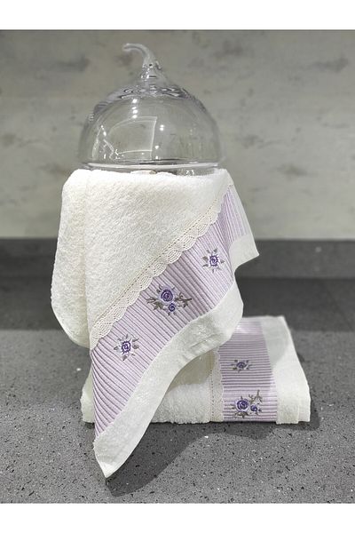 Sevim Set prosoape de bucătărie 100% bumbac și brodat - Set de 2 prosoape din dantelă - 40x60 cm - Liliac