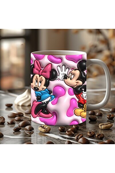 Evion Mickey Mouse Baskılı 3D Tasarım Porselen Kupa Mug - Hediyelik Kupa Bardak - Baskılı Kupa