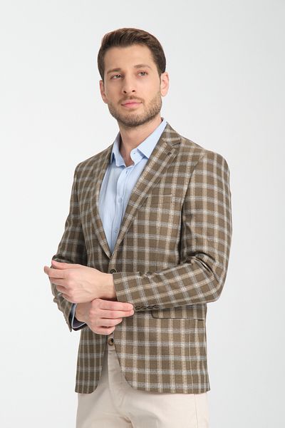 Frappoli Ανδρικό μπουφάν Mario σε μπεζ καρό Slim Fit Mono Collar Sports Blazer