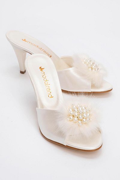 Ccway Papuci de damă cu toc Furry Pearl - PIELE LACUITĂ SEDEF