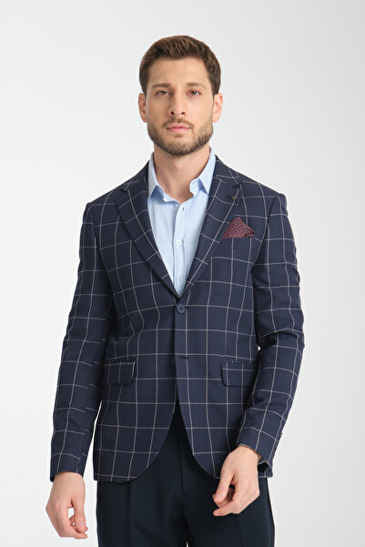 Frappoli Girado Чоловічий темно-синій картатий блейзер зі струнким кроєм та монокомір