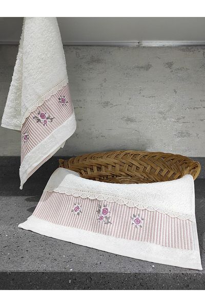 Sevim 100% Cotton & Embroidered Towel Set - 2-Piece Lace Kitchen Towel Set - 40X60 cm - Powder