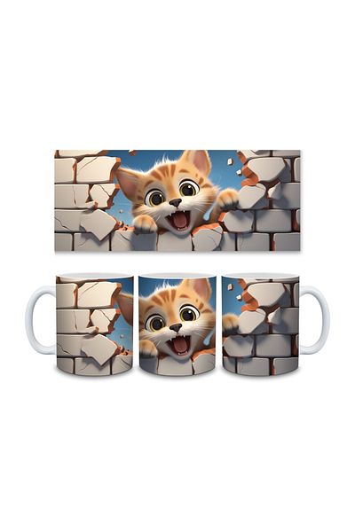 Evion Cute Cat Wall 3D Design Porcelain Mug - Gift Mug - Printed Mug