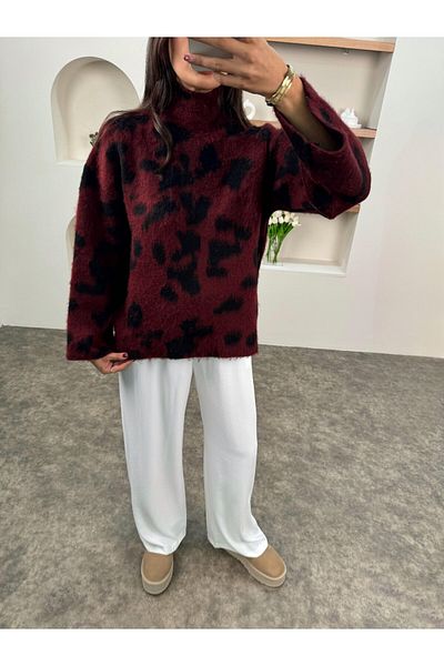 Elilook Pulover de damă, cu model leopard, cu guler ridicat
