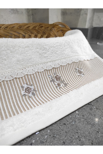 Sevim Set of 2 Embroidered Lace Towels - 100% Cotton - 40X60 cm - Cappuccino