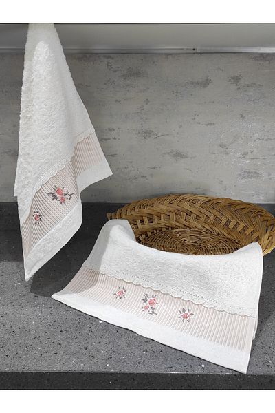 Sevim 100% Cotton Kitchen Towel - Embroidered Towel Set - Set of 2 Lacy Towels - 40X60 cm - Salmon