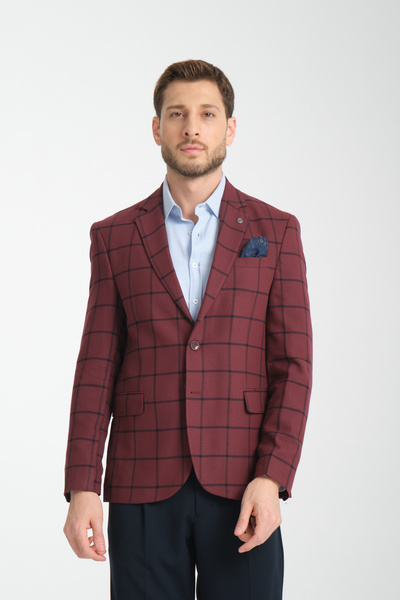 Frappoli Tadufe Erkek Bordo - Lacivert Ekose Slim Fit Mono Yaka Spor Blazer Ceket