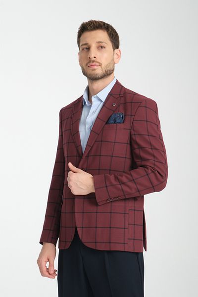 Frappoli Ανδρικό μπουφάν Tadufe Claret Red - Navy Blue καρό Slim Fit Mono Collar Sports Blazer