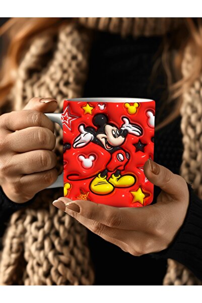Evion Mickey Mouse Baskılı 3D Tasarım Porselen Kupa Mug - Hediyelik Kupa Bardak - Baskılı Kupa