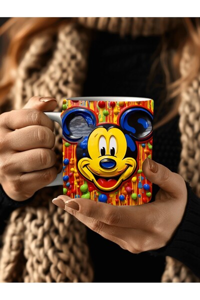 Evion Mickey Mouse Baskılı 3D Tasarım Porselen Kupa Mug - Hediyelik Kupa Bardak - Baskılı Kupa