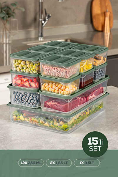 Vienev Pachet de 15 Organizator pentru frigider și congelator și container de depozitare Verde 12x(350ML) 2x(1,65LT) 1x(3,5LT)