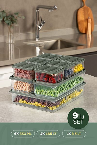 Vienev Green Refrigerator Freezer Organizer - Set of 9 6X350Ml 2X165Lt 1X350Lt