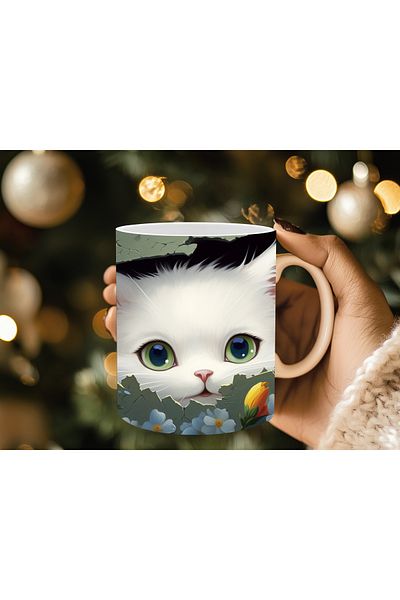 Evion Cute Cat Wall 3D Design Porcelain Mug - Gift Mug - Printed Mug