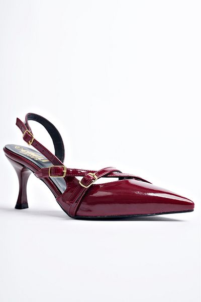 CİMİLİ SHOES Women's Burgundy Patent Leather Pointed Toe Buckle Heeled Shoes