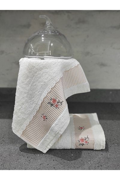Sevim 100% Cotton Kitchen Towel - Embroidered Towel Set - Set of 2 Lacy Towels - 40X60 cm - Salmon