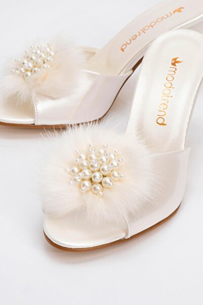 Ccway Γυναικείες παντόφλες με τακούνι με πούπουλα και πέρλες - SEDEF RUGAN