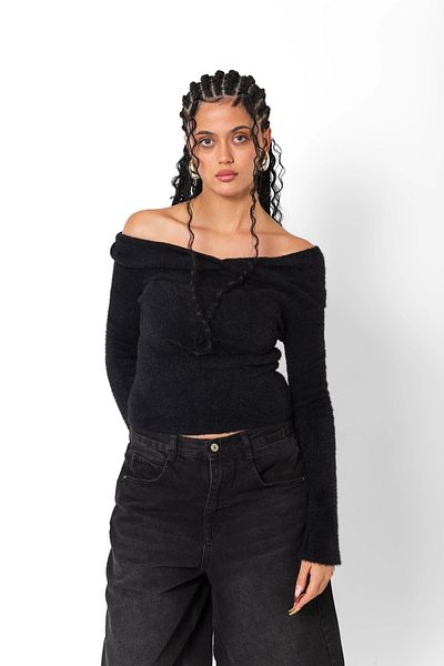 Bak Moda Black Plush Bodysuit with Open Shoulder
