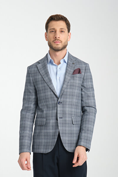 Frappoli Marega Erkek Lacivert Ekose Slim Fit Mono Yaka Spor Blazer Ceket