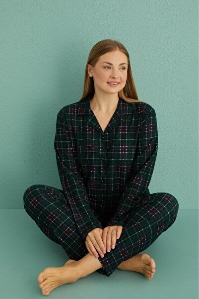 Pemilo Plus Size Green Suede Pajamas Set - Button, 20601-247