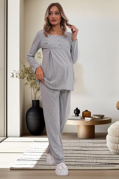 Mecit Pijama Kadın Hamile Lohusa Uzun Güpür Detaylı Kollu Sabahlıklı Pijama 2'Li Takım %75 Pamuk %25 Viskon