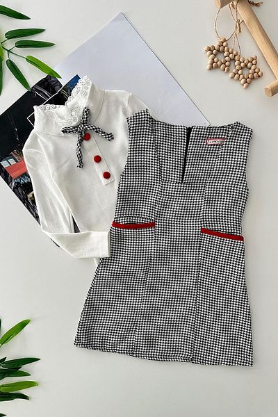 Minigimin Cicileri Κοριτσίστικο σετ 2 τεμαχίων με μοτίβο Houndstooth με γιακά δικαστή - Λευκό