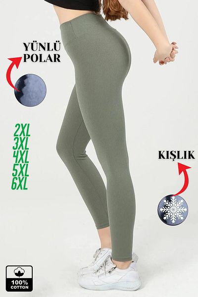 Zec Style Khaki Plus Size Ribbed Wool Leggings - Knitted Sports Leggings with Recovery Interlock Elastic Waist