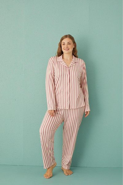 Pemilo Plus Size Women's Pajamas Set 50801-607 - Pudra with Front Buttons