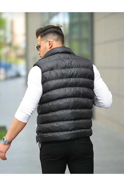 Offbeat New Season Black Inflatable Padding Zippered Pocket Stand Collar Sleeveless Vest