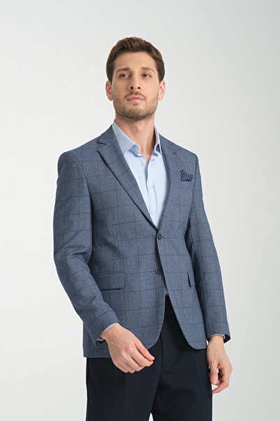 Frappoli Mendes Чоловічий темно-синій картатий блейзер зі звуженим кроєм та монокомір