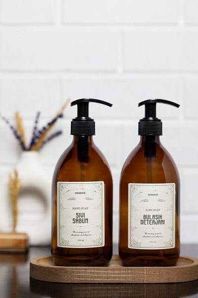 homence 2-Piece Amber Glass Liquid Soap Dispenser with Wooden Stand 500ml - Stylish and Functional Design