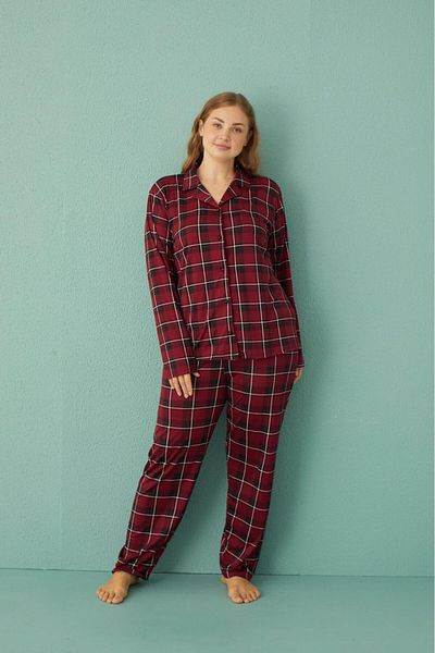 Pemilo Women's 50801-345 Plus Size Button-Front Pajama Sets Claret Red-Black