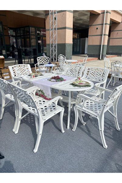 IVF Cunda Model Ferforje Görünümlü Plastik Oval 6 Kişi Masa ve Sandalye Takım...