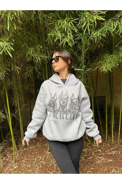 rockcity Gri Taşlı Kapüşonlu Oversize Sweatshirt Ünisex