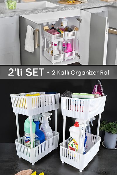 Meleni Home 2 τεμάχια 2 επιπέδων Λευκό Organizer Ράφι κουζίνας μπάνιου - Ατζέντα κάτω από πάγκο και εσωτερικό ντουλάπι
