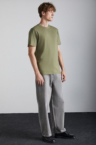GRIMELANGE Solo Men's 100% Organic Cotton Thick Textured Comfort Fit Crew Neck Khaki T-Shirt