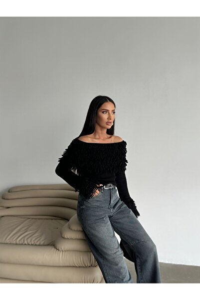 Bak'ap Pulover tricot cu ciucuri cu guler Madonna și mâneci