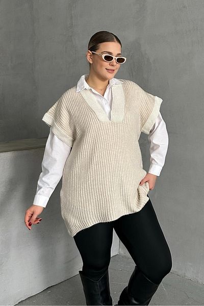 Stil Diva Plus Size V-Neck Short Sleeve Knitwear Sweater 302137
