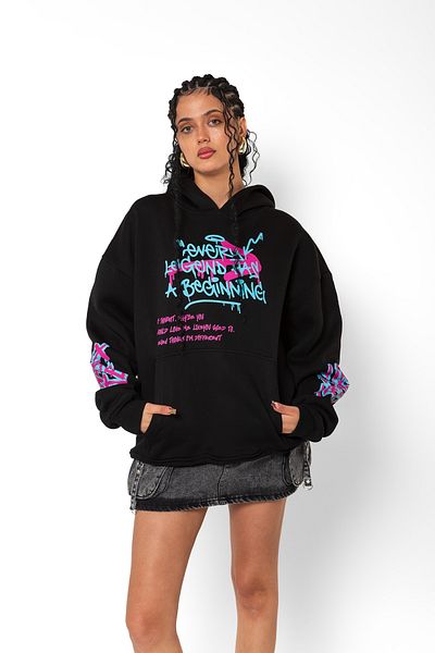 Bak Moda Jinx Arcane Printed Oversize Unisex Μαύρο φούτερ με κουκούλα