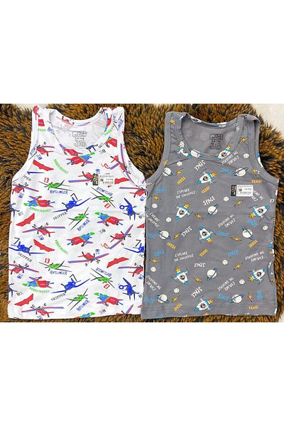 DUBAİ ÇOCUK Set of 2 Astronaut and Plane Patterned Cotton Children's Undershirt