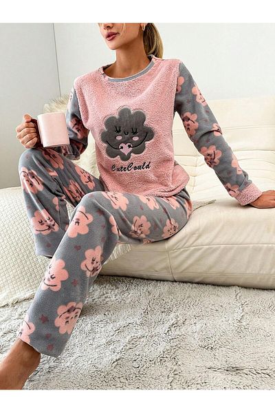 VG BOND MODA Women's Soft Fleece Pajamas Set with Cloud Embroidery Detail on the Front Vg120
