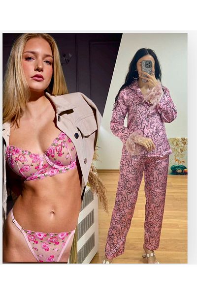 SATTENS Set of 4 Pink Satin Pajamas and Clamshell Bra