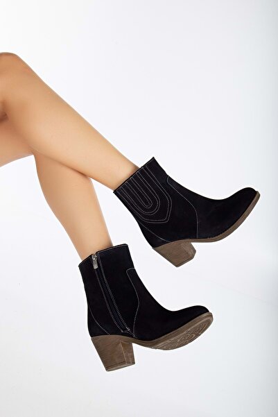 ANALİN SHOES Kadın Hakiki Deri Dikiş Detaylı Lastikli Süet Kovboy Topuklu Bot - Lacivert Süet