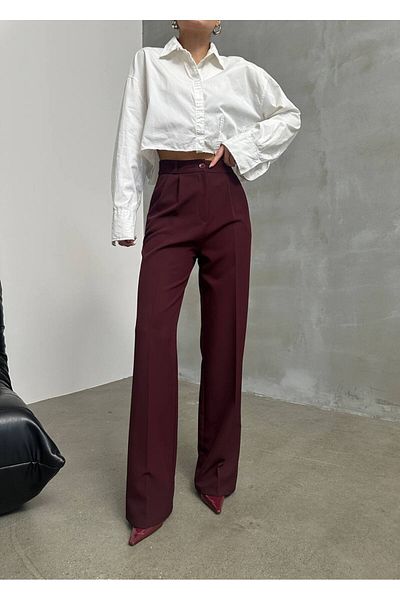 Bak'ap Pantaloni din stofă cu talie înaltă plisată Plaszo Burgundy