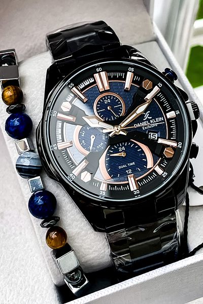 Daniel Klein All Functions Active Black Luxury Men's Steel Wristwatch Bracelet