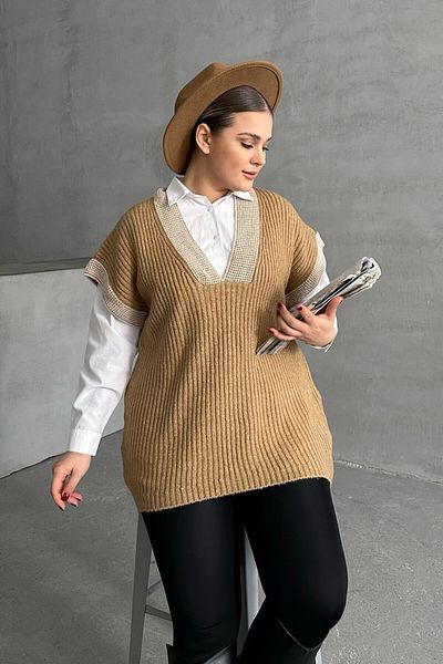 Stil Diva Plus Size V-Neck Short Sleeve Knitwear Sweater 302135